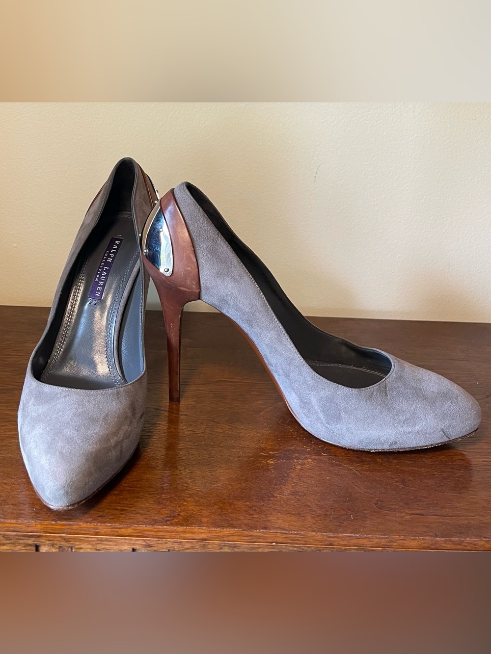 Ralph Lauren Gray Suede Pointed Toe Stiletto Pumps with Brown Heel Detail